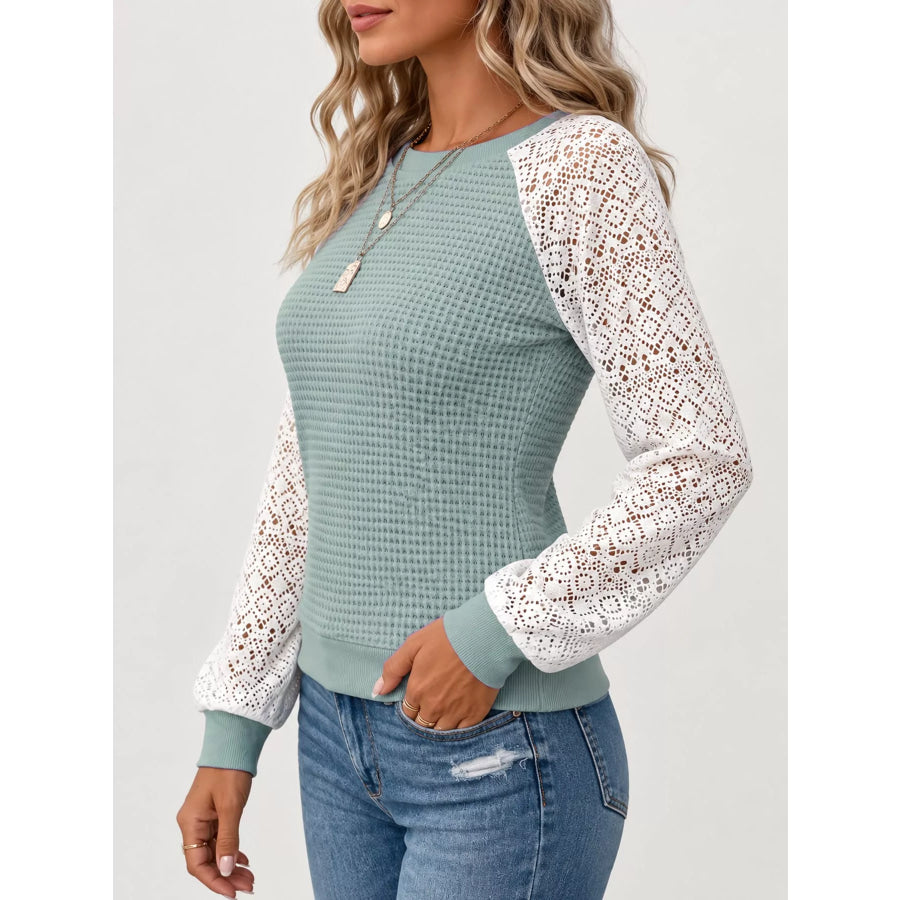 Elegant Waffle Knit T-Shirt with Lace Sleeves Apparel and Accessories