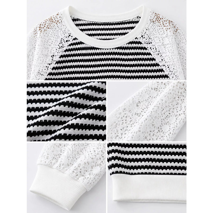 Elegant Waffle Knit T-Shirt with Lace Sleeves Apparel and Accessories