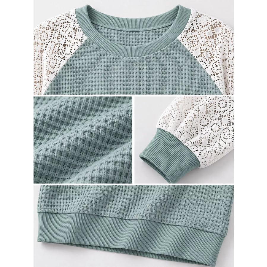 Elegant Waffle Knit T-Shirt with Lace Sleeves Apparel and Accessories
