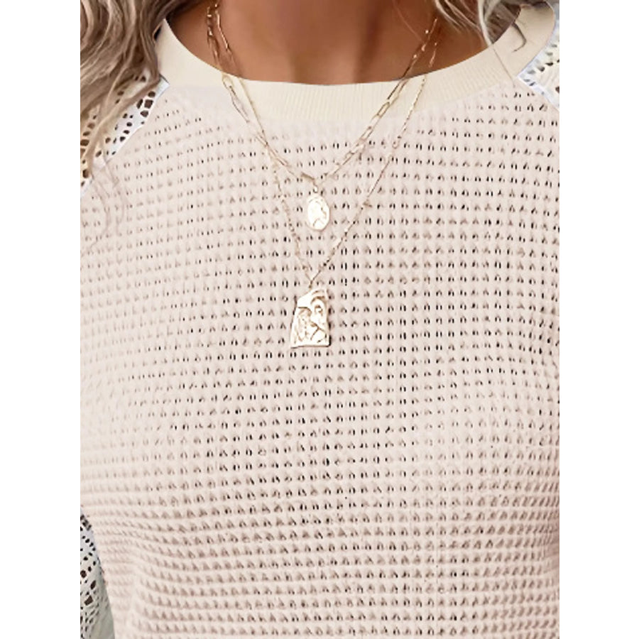 Elegant Waffle Knit T-Shirt with Lace Sleeves Apparel and Accessories