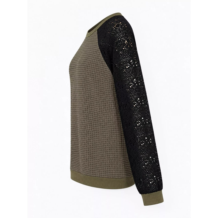 Elegant Waffle Knit T-Shirt with Lace Sleeves Apparel and Accessories