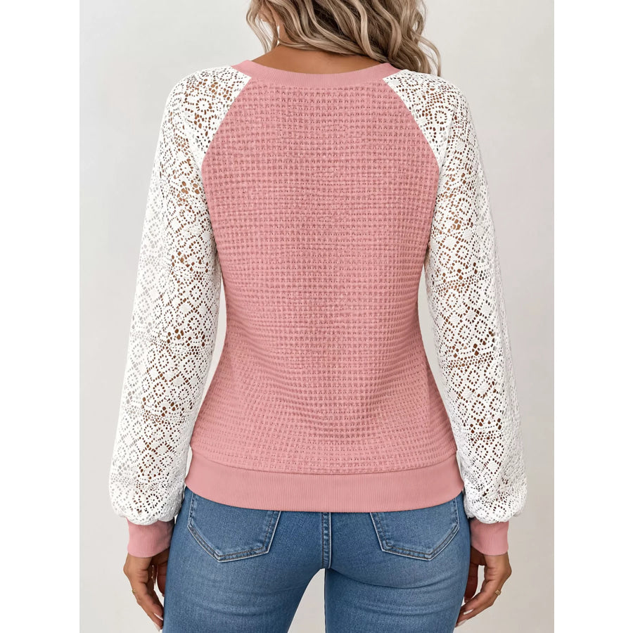 Elegant Waffle Knit T-Shirt with Lace Sleeves Apparel and Accessories