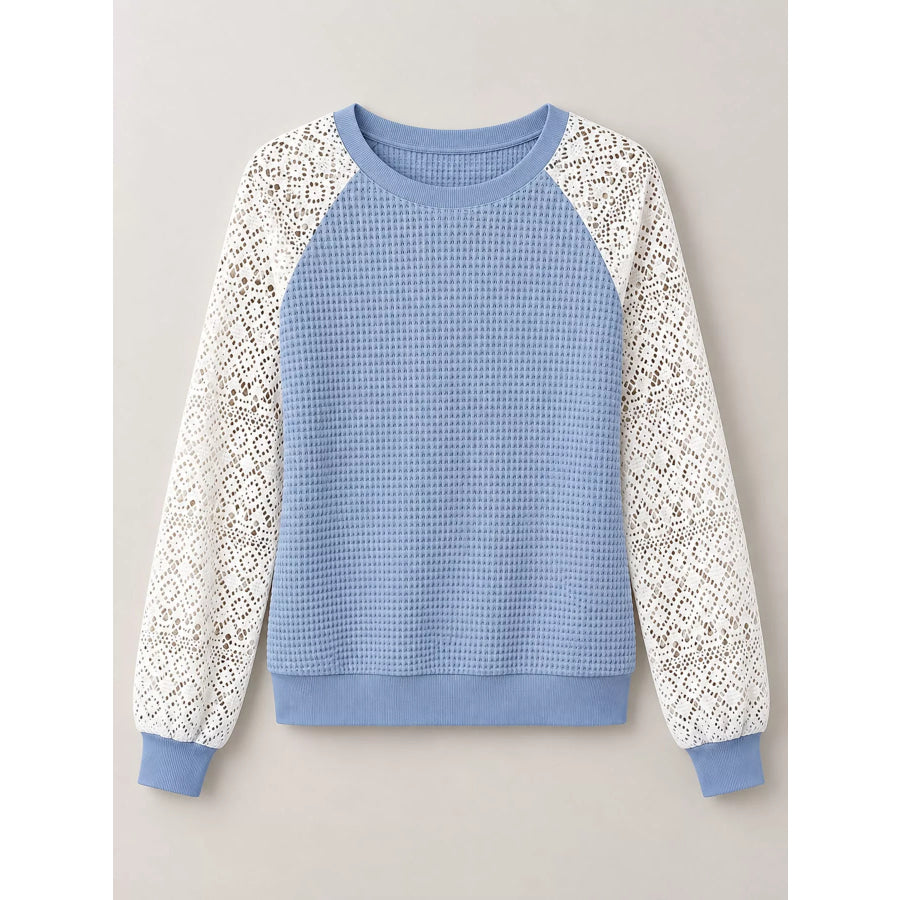 Elegant Waffle Knit T-Shirt with Lace Sleeves Apparel and Accessories