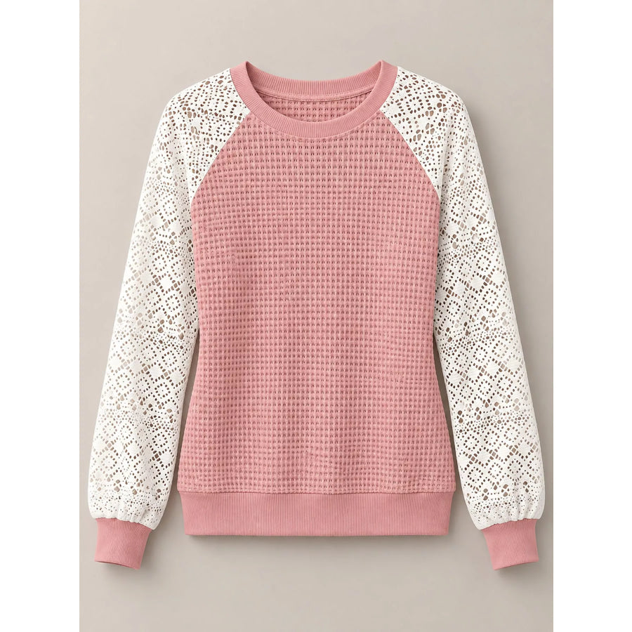 Elegant Waffle Knit T-Shirt with Lace Sleeves Apparel and Accessories