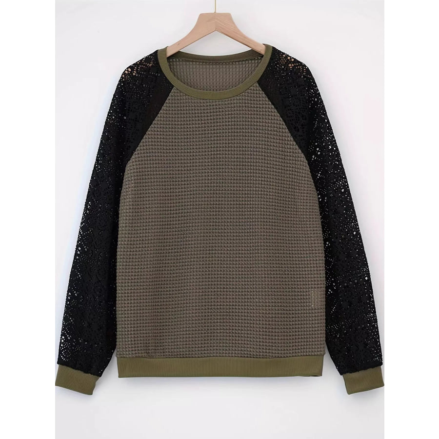 Elegant Waffle Knit T-Shirt with Lace Sleeves Apparel and Accessories