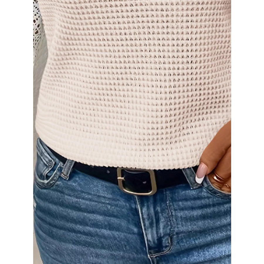 Elegant Waffle Knit T-Shirt with Lace Sleeves Apparel and Accessories