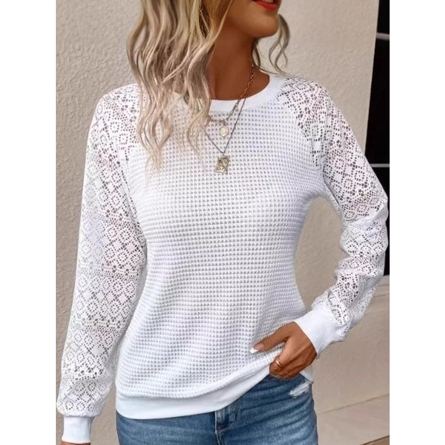 Elegant Waffle Knit T-Shirt with Lace Sleeves Apparel and Accessories
