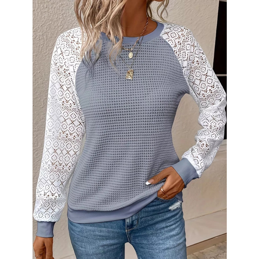 Elegant Waffle Knit T-Shirt with Lace Sleeves Apparel and Accessories