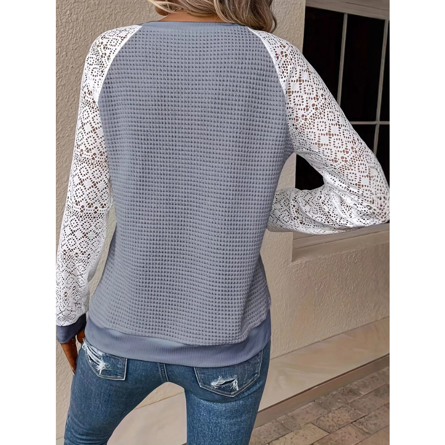 Elegant Waffle Knit T-Shirt with Lace Sleeves Apparel and Accessories