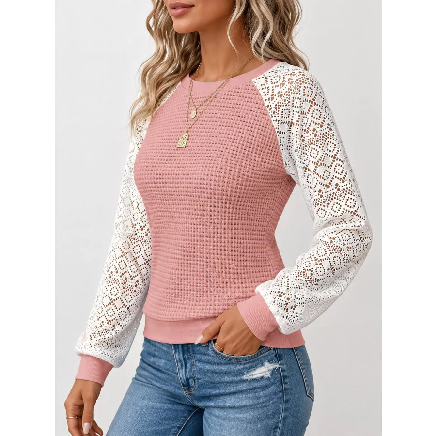 Elegant Waffle Knit T-Shirt with Lace Sleeves Apparel and Accessories