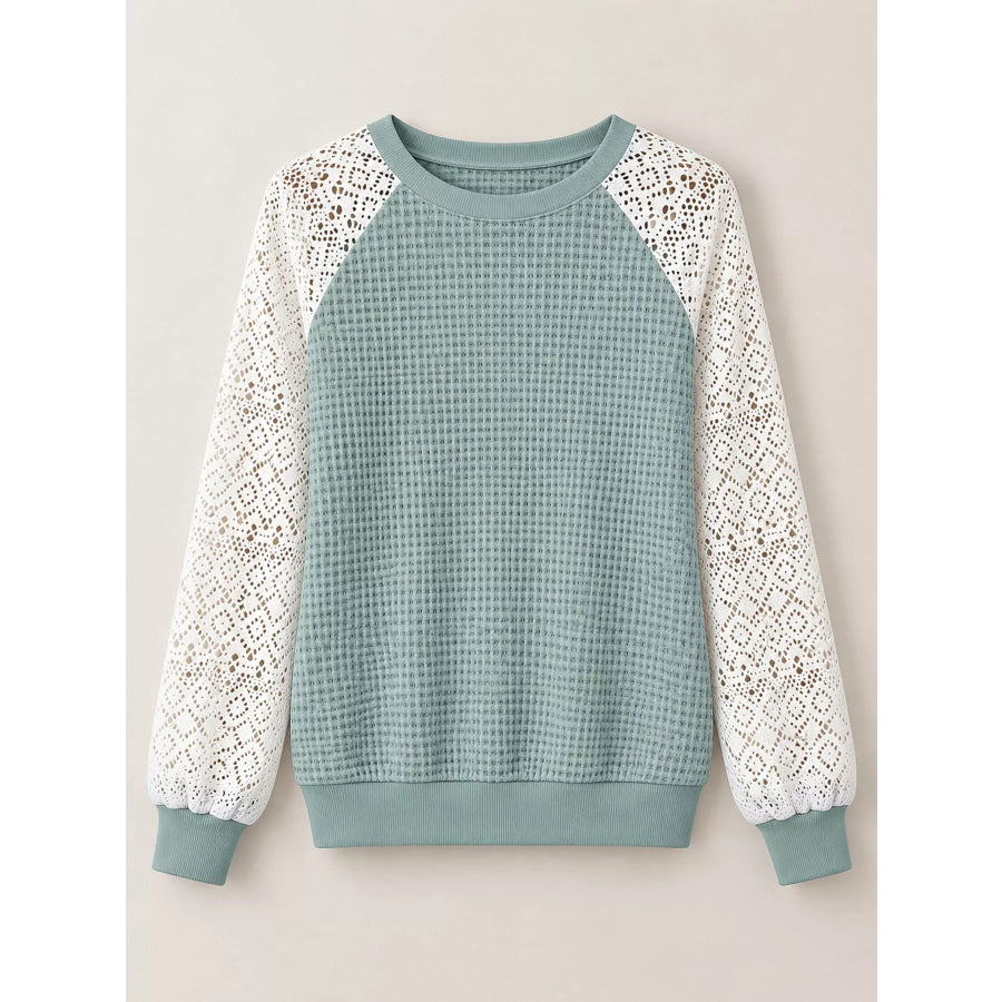 Elegant Waffle Knit T-Shirt with Lace Sleeves Apparel and Accessories