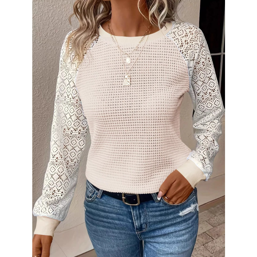 Elegant Waffle Knit T-Shirt with Lace Sleeves Apricot / S Apparel and Accessories