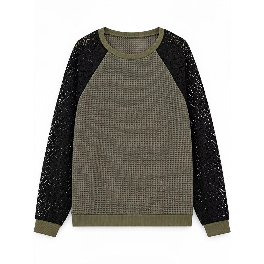 Elegant Waffle Knit T-Shirt with Lace Sleeves Army Green / S Apparel and Accessories