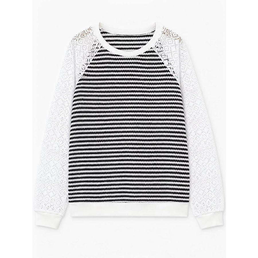 Elegant Waffle Knit T-Shirt with Lace Sleeves Black And White-Striped / S Apparel Accessories