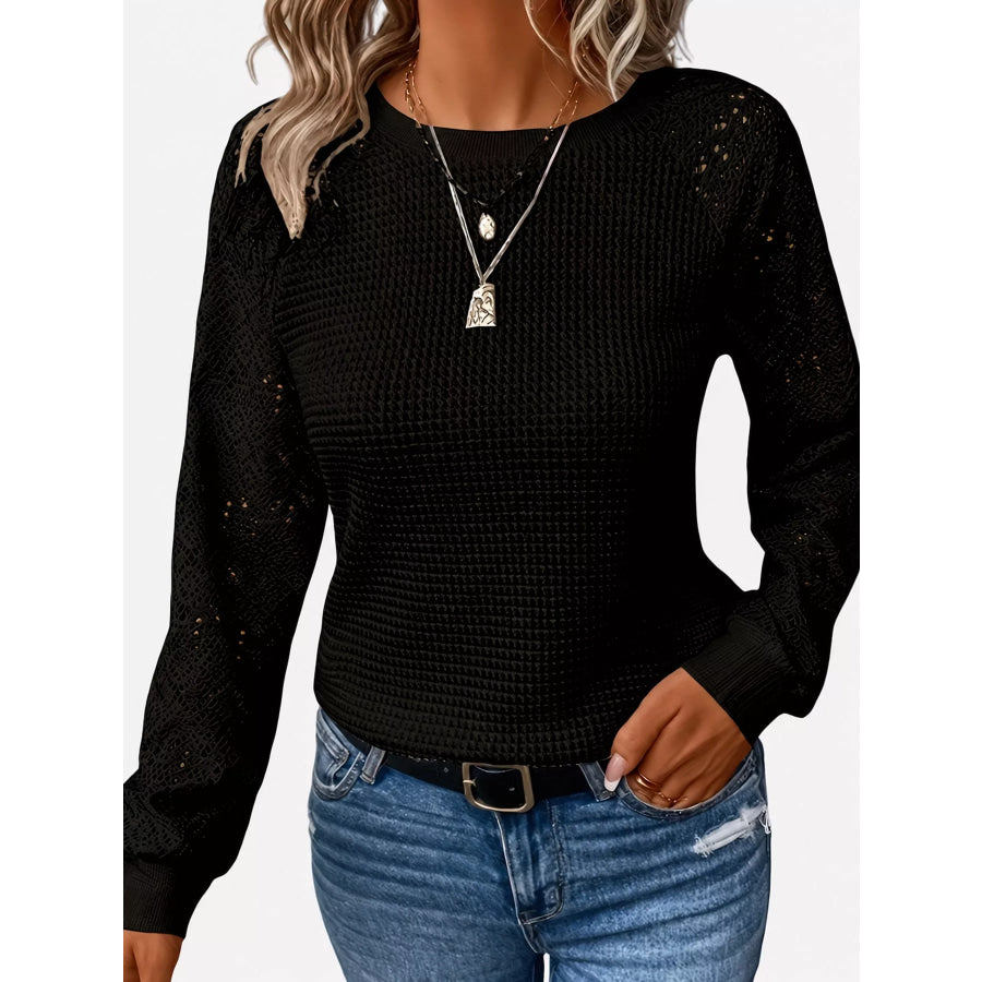 Elegant Waffle Knit T-Shirt with Lace Sleeves Black / S Apparel and Accessories