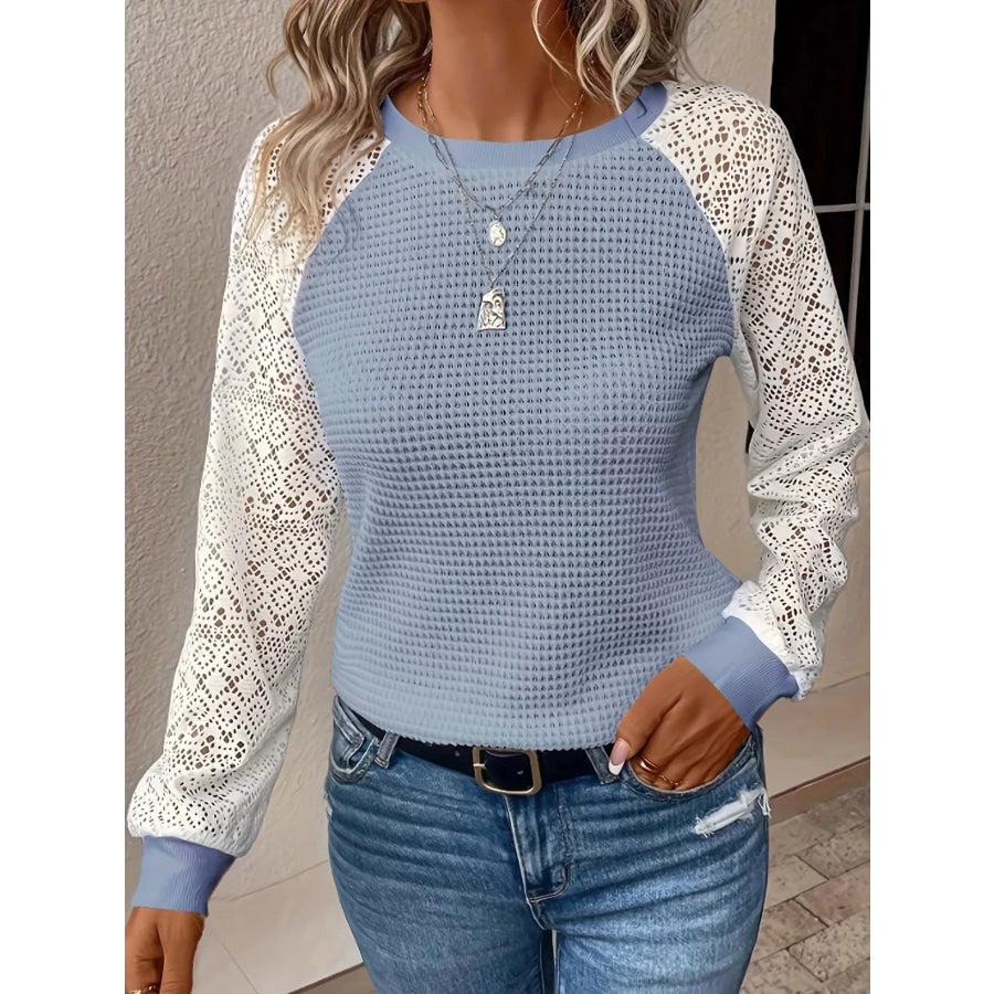 Elegant Waffle Knit T-Shirt with Lace Sleeves Blue / S Apparel and Accessories