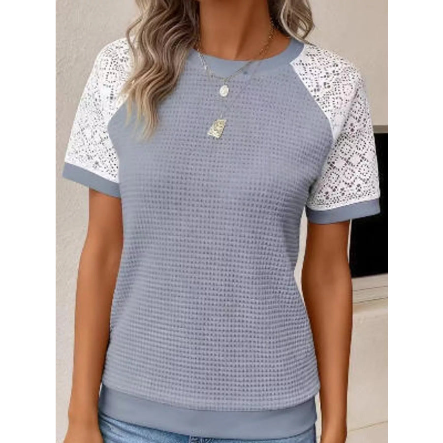 Elegant Waffle Knit T-Shirt with Lace Sleeves Gray-Short Sleeve / S Apparel and Accessories