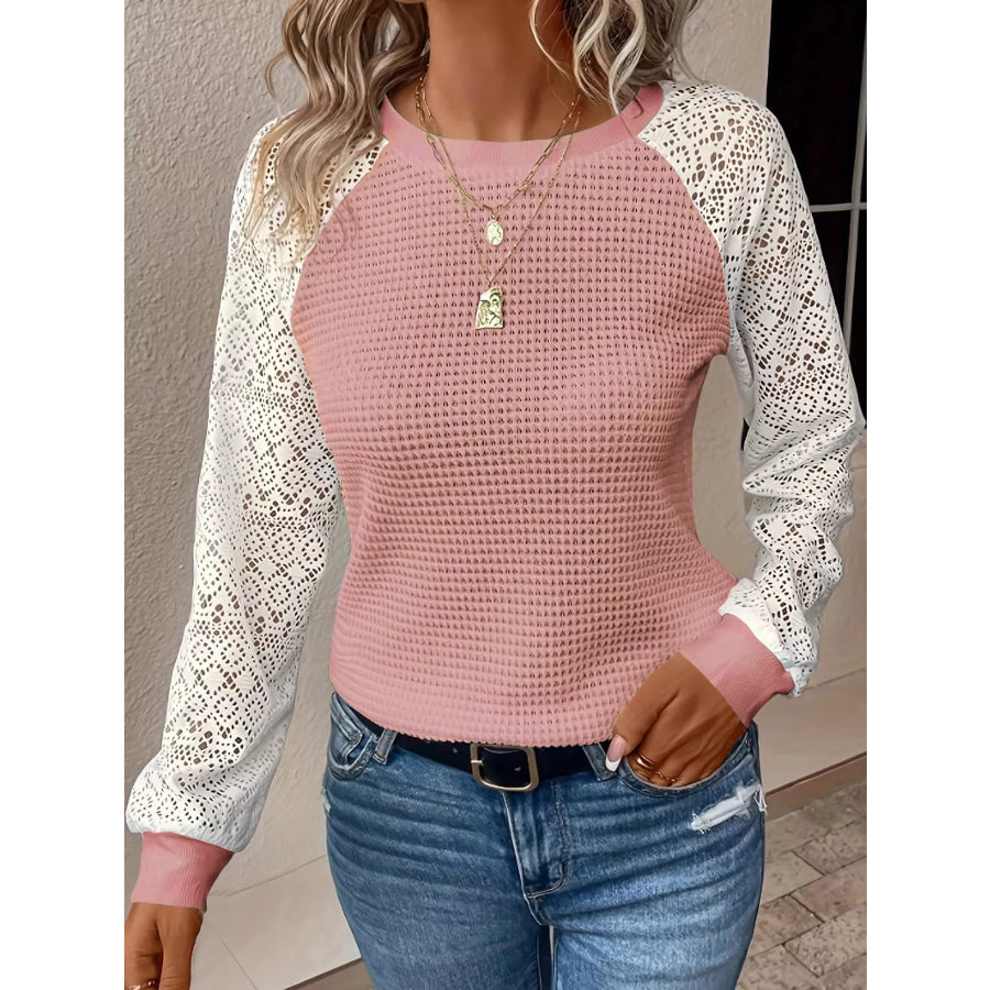 Elegant Waffle Knit T-Shirt with Lace Sleeves Pink / S Apparel and Accessories