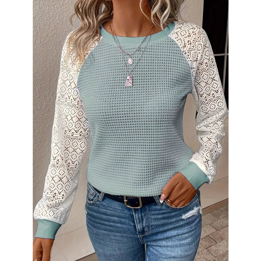 Elegant Waffle Knit T-Shirt with Lace Sleeves Sage Green / S Apparel and Accessories