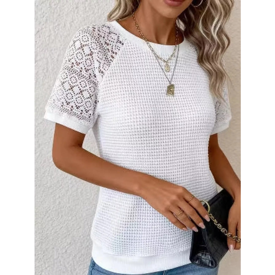 Elegant Waffle Knit T-Shirt with Lace Sleeves White-Short Sleeve / S Apparel and Accessories