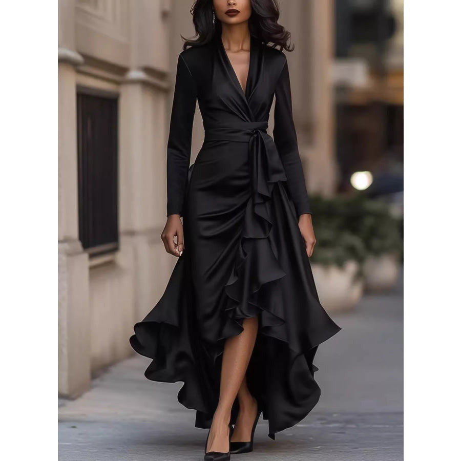 Elegant Wrap Dress with Ruffled Hem Black / S Apparel and Accessories