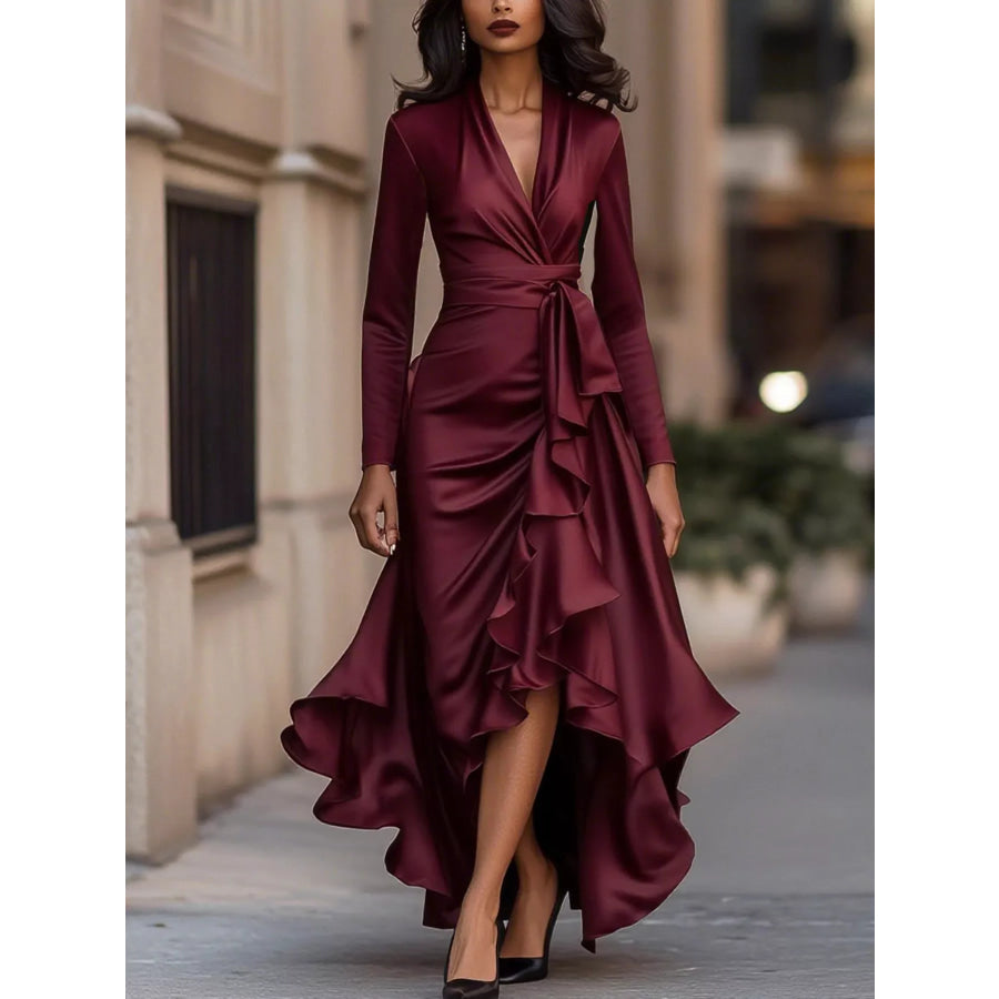 Elegant Wrap Dress with Ruffled Hem Burgundy / S Apparel and Accessories