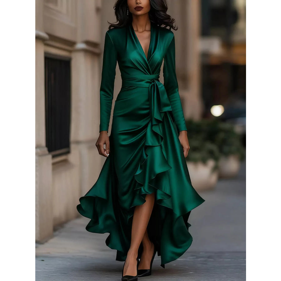 Elegant Wrap Dress with Ruffled Hem Dark Green / S Apparel and Accessories