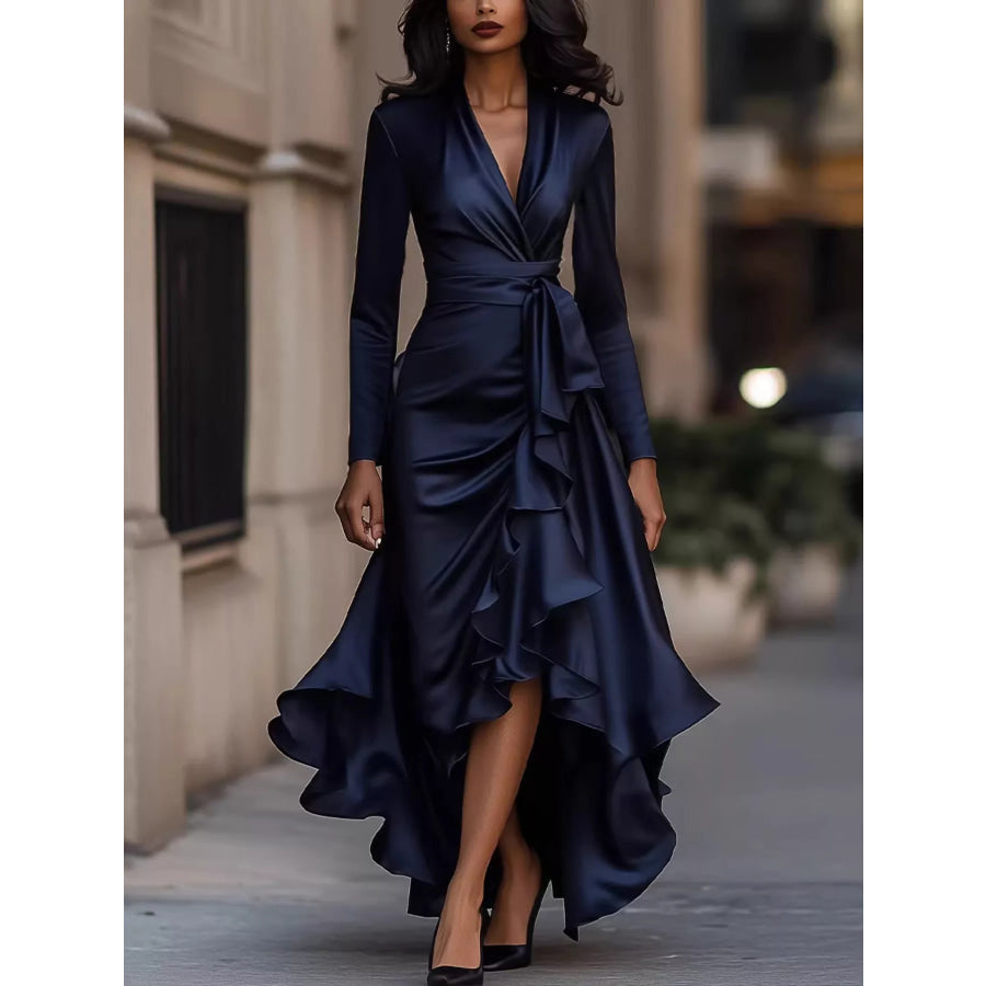 Elegant Wrap Dress with Ruffled Hem Navy / S Apparel and Accessories