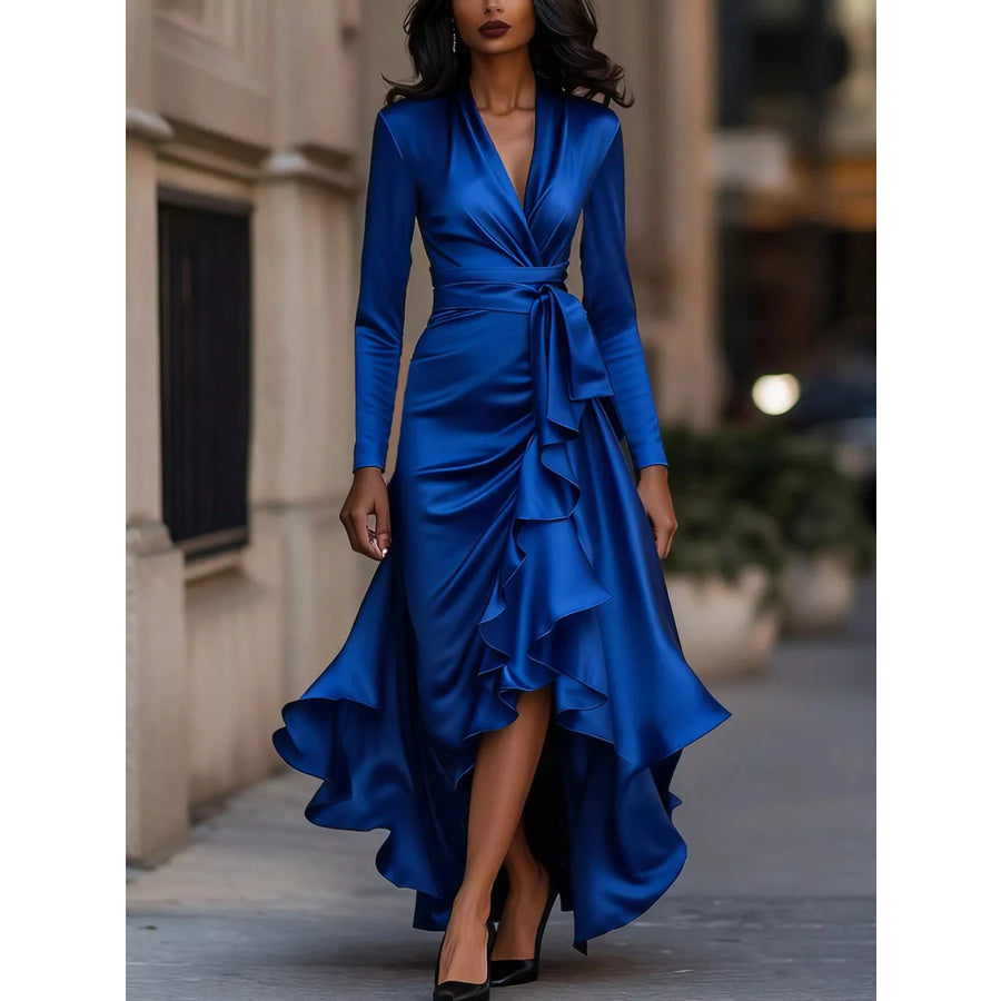 Elegant Wrap Dress with Ruffled Hem Royal Blue / S Apparel and Accessories
