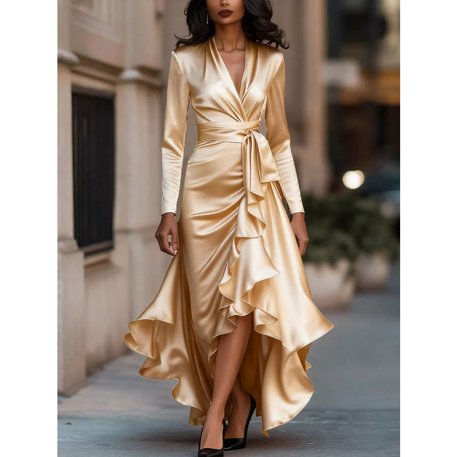 Elegant Wrap Dress with Ruffled Hem Tan / S Apparel and Accessories