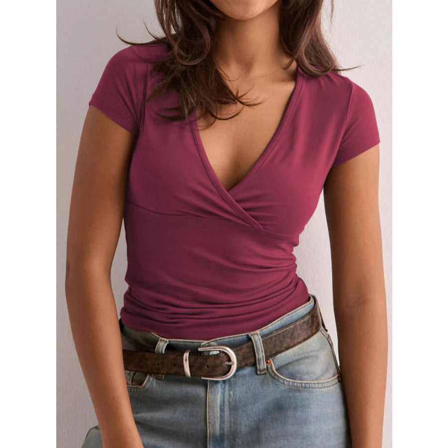 Elegant Wrap V-Neck Slim Fit T-Shirt Burgundy / S Apparel and Accessories