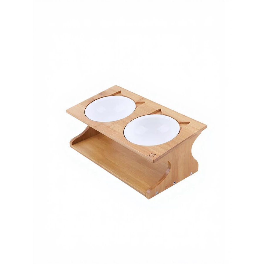 Elevated Double Ceramic Pet Bowls with Bamboo Stand Double Bow / ONESIZE Apparel and Accessories