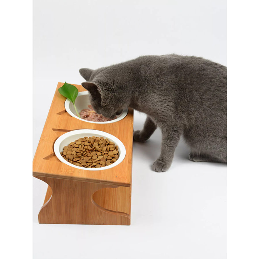 Elevated Double Ceramic Pet Bowls with Bamboo Stand Double Bow / ONESIZE Apparel and Accessories