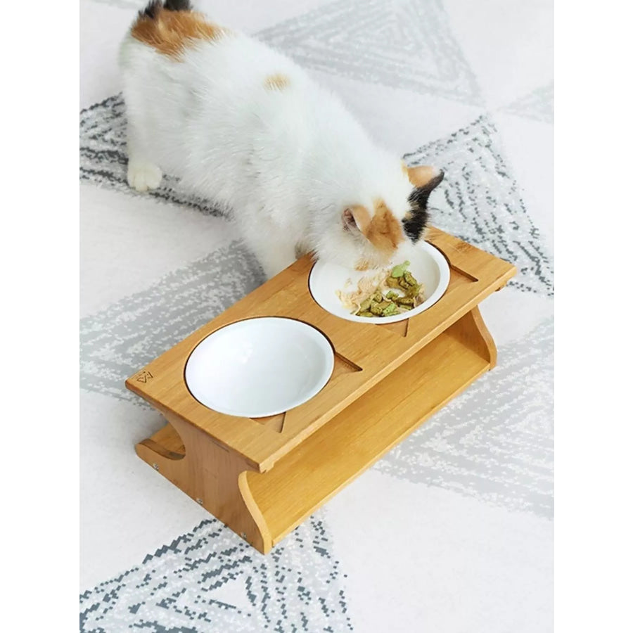 Elevated Double Ceramic Pet Bowls with Bamboo Stand Double Bow / ONESIZE Apparel and Accessories