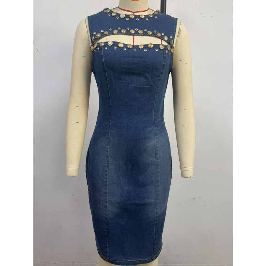 Embellished Cutout Sleeveless Denim Dress Apparel and Accessories