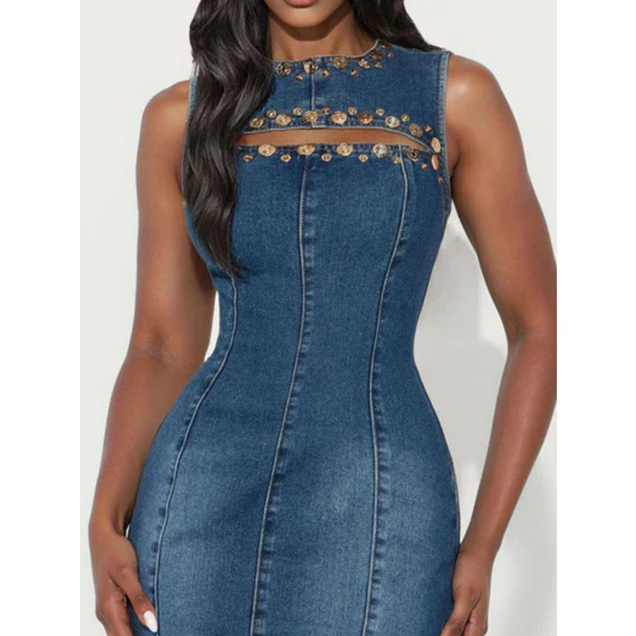 Embellished Cutout Sleeveless Denim Dress Apparel and Accessories