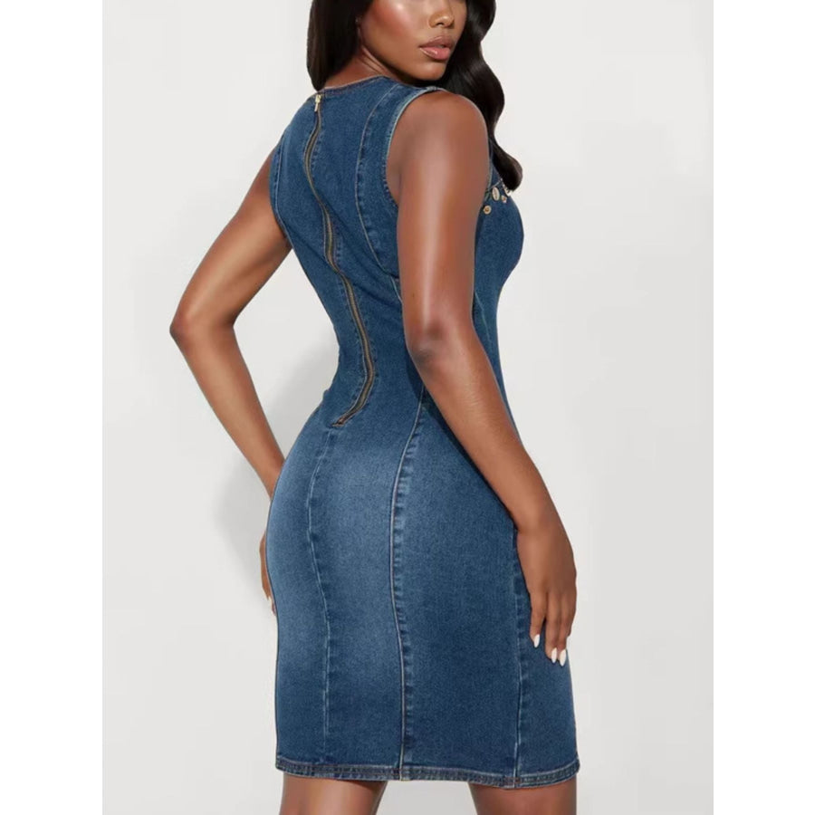 Embellished Cutout Sleeveless Denim Dress Navy / S Apparel and Accessories