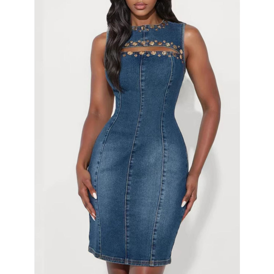 Embellished Cutout Sleeveless Denim Dress Navy / S Apparel and Accessories