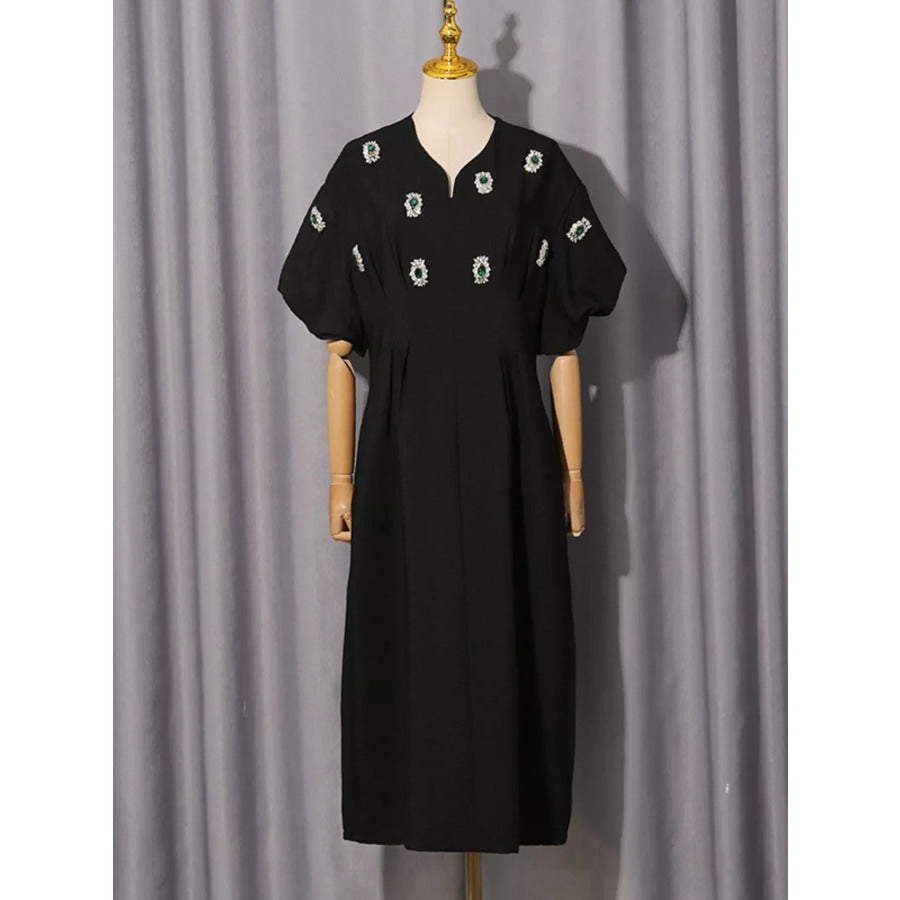 Embellished Puff Sleeve Midi Dress Black / M Apparel and Accessories