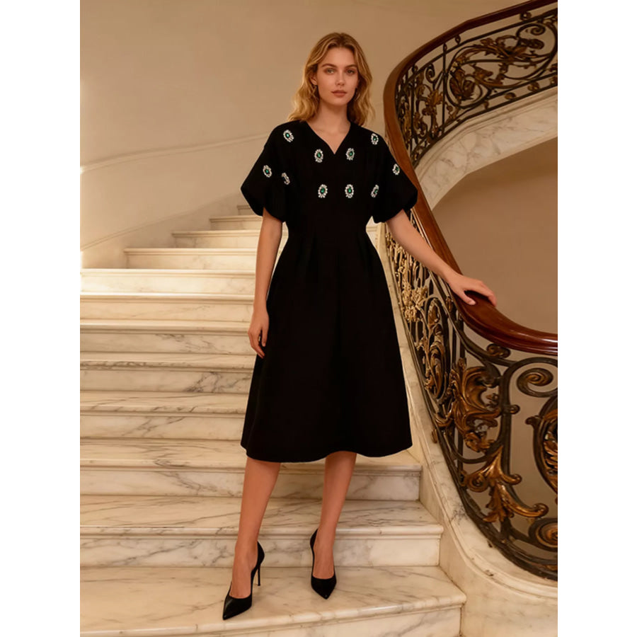 Embellished Puff Sleeve Midi Dress Black / M Apparel and Accessories