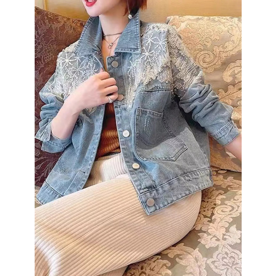 Embellished Rhinestone Snowflake Denim Jacket Apparel and Accessories