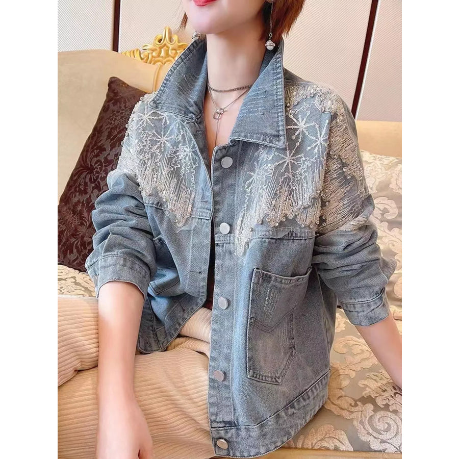 Embellished Rhinestone Snowflake Denim Jacket Apparel and Accessories