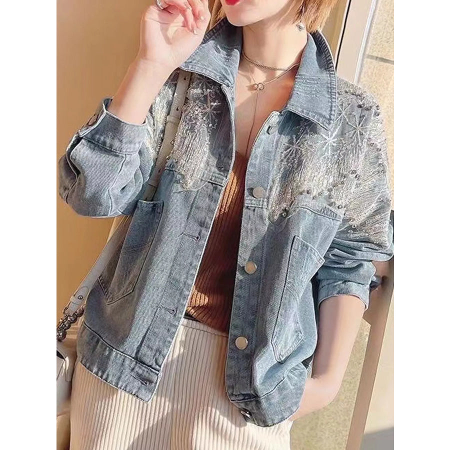 Embellished Rhinestone Snowflake Denim Jacket Apparel and Accessories