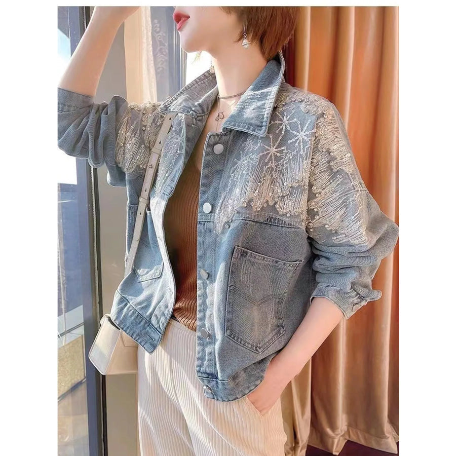 Embellished Rhinestone Snowflake Denim Jacket Light Blue-No Cutouts / S Apparel and Accessories