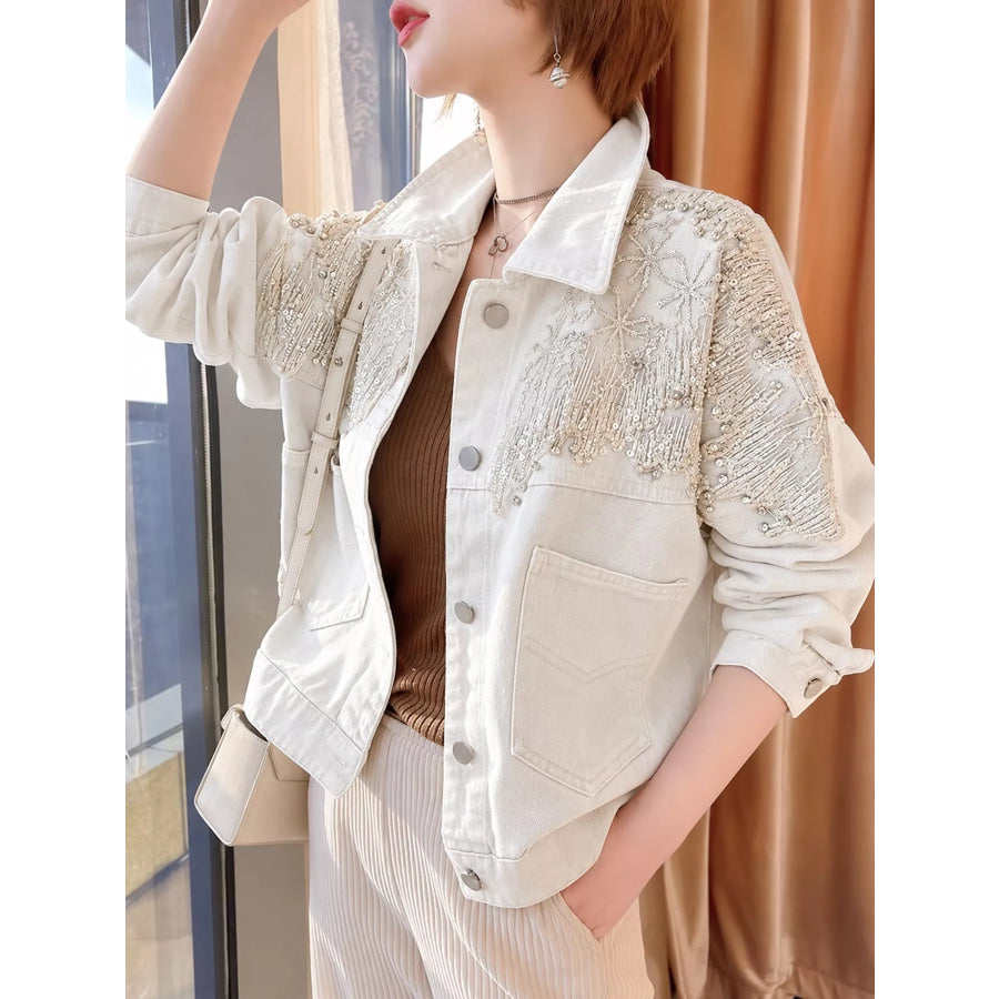 Embellished Rhinestone Snowflake Denim Jacket White-No Cutouts / S Apparel and Accessories