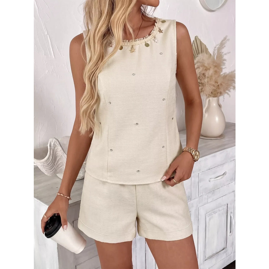 Embellished Sleeveless Top & Shorts Set Khaki / S Apparel and Accessories