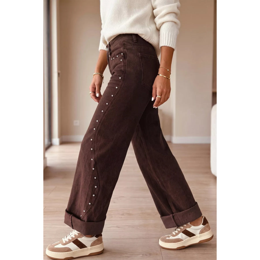 Embellished Wide-Leg Denim Jeans Dark Brown / 4 Apparel and Accessories