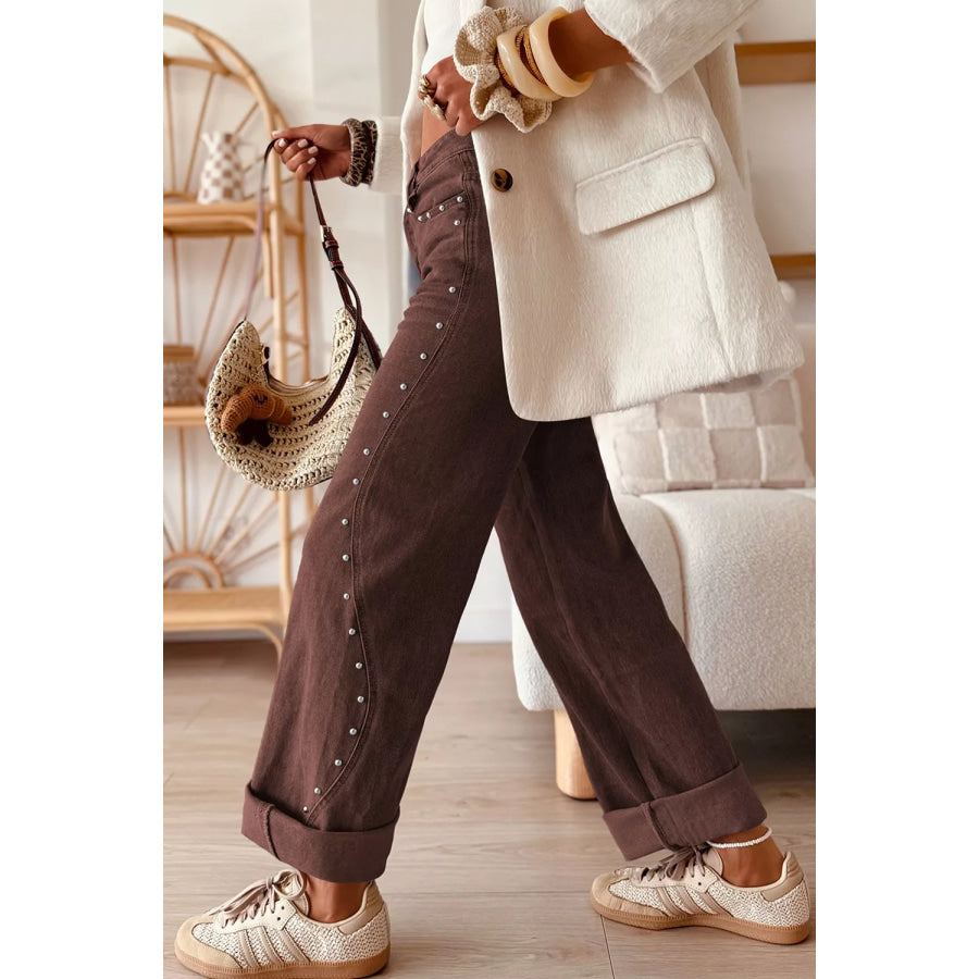 Embellished Wide-Leg Denim Jeans Dark Brown / 4 Apparel and Accessories