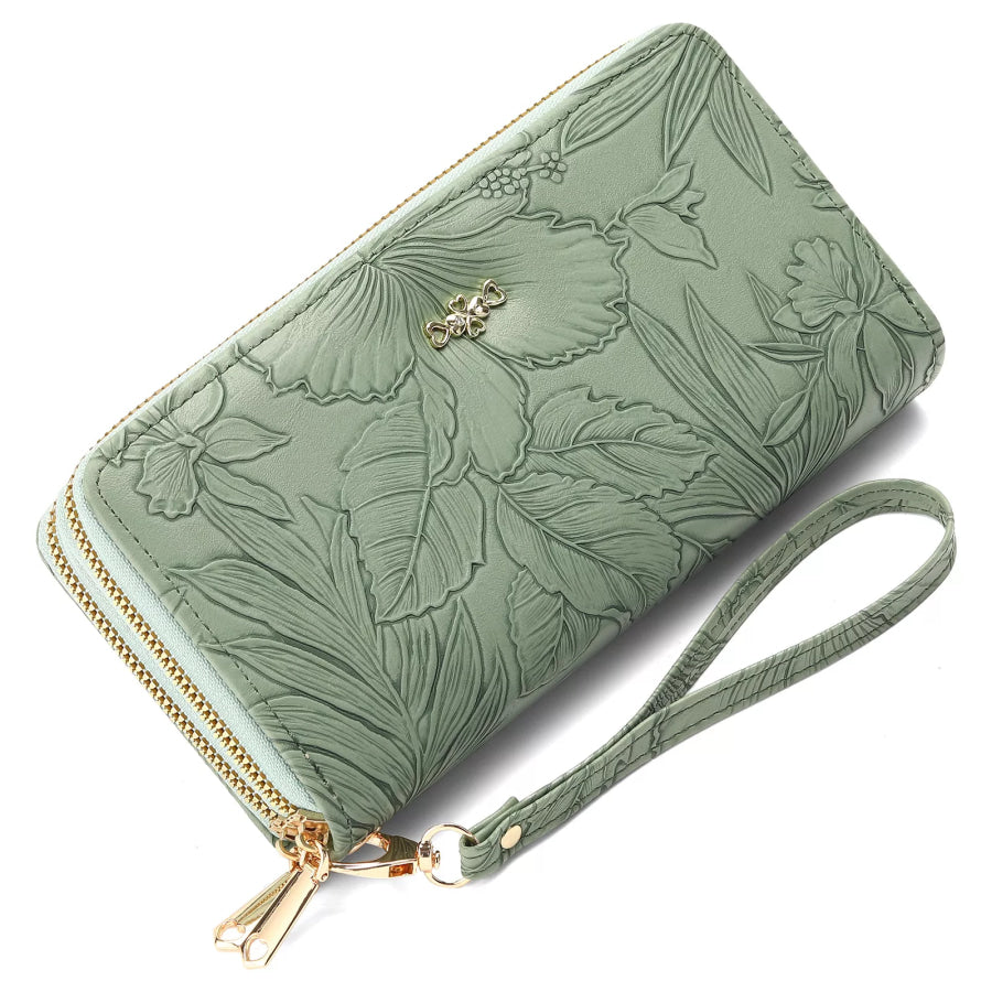 Embossed Floral Pattern Double Zipper Wallet Light Green / ONESIZE Apparel and Accessories
