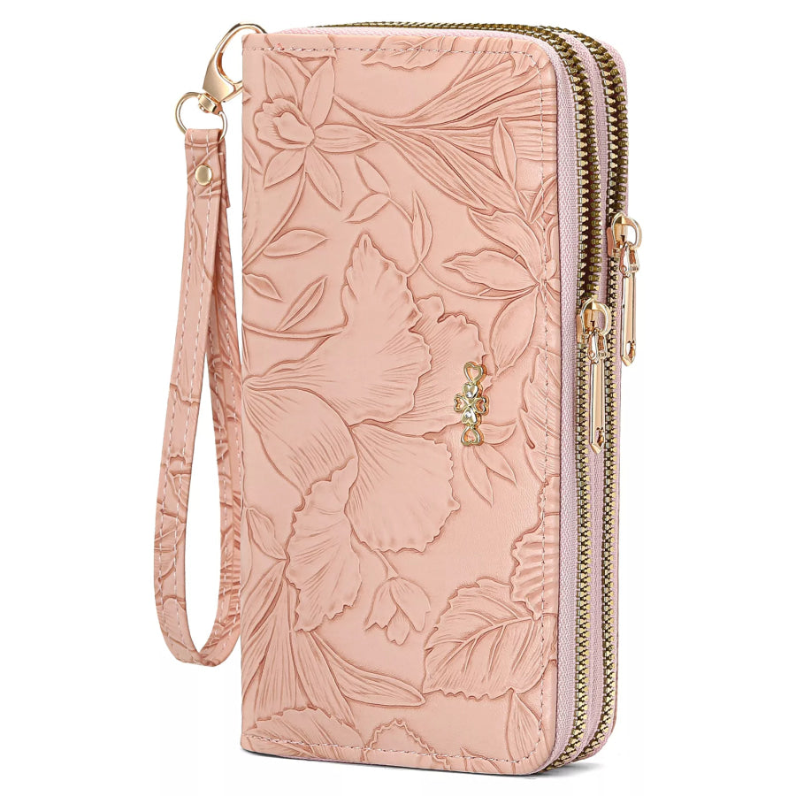 Embossed Floral Pattern Double Zipper Wallet Pink / ONESIZE Apparel and Accessories